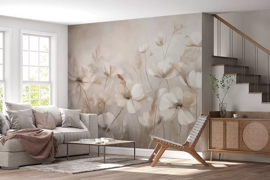 Fototapete Ein Feld mit hellen Blumen und hohen Gräsern in gedeckten Farbtönen, strukturierte Kunst w10019