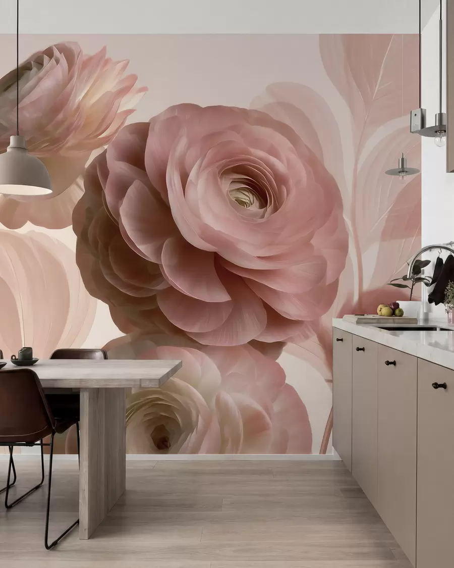 Fototapete Füllige, puderrosa Ranunkelblüten mit durchscheinenden Blütenblättern in zarten Rosa- und Beigetönen w09998