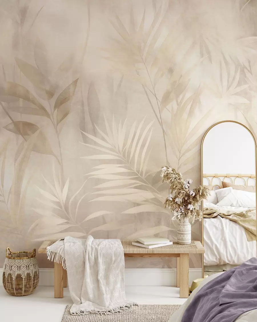 Fototapete Palmblätter in gedeckten Beige- und Cremetönen vor einem sanften Hintergrund, tropischer Dschungel w10023