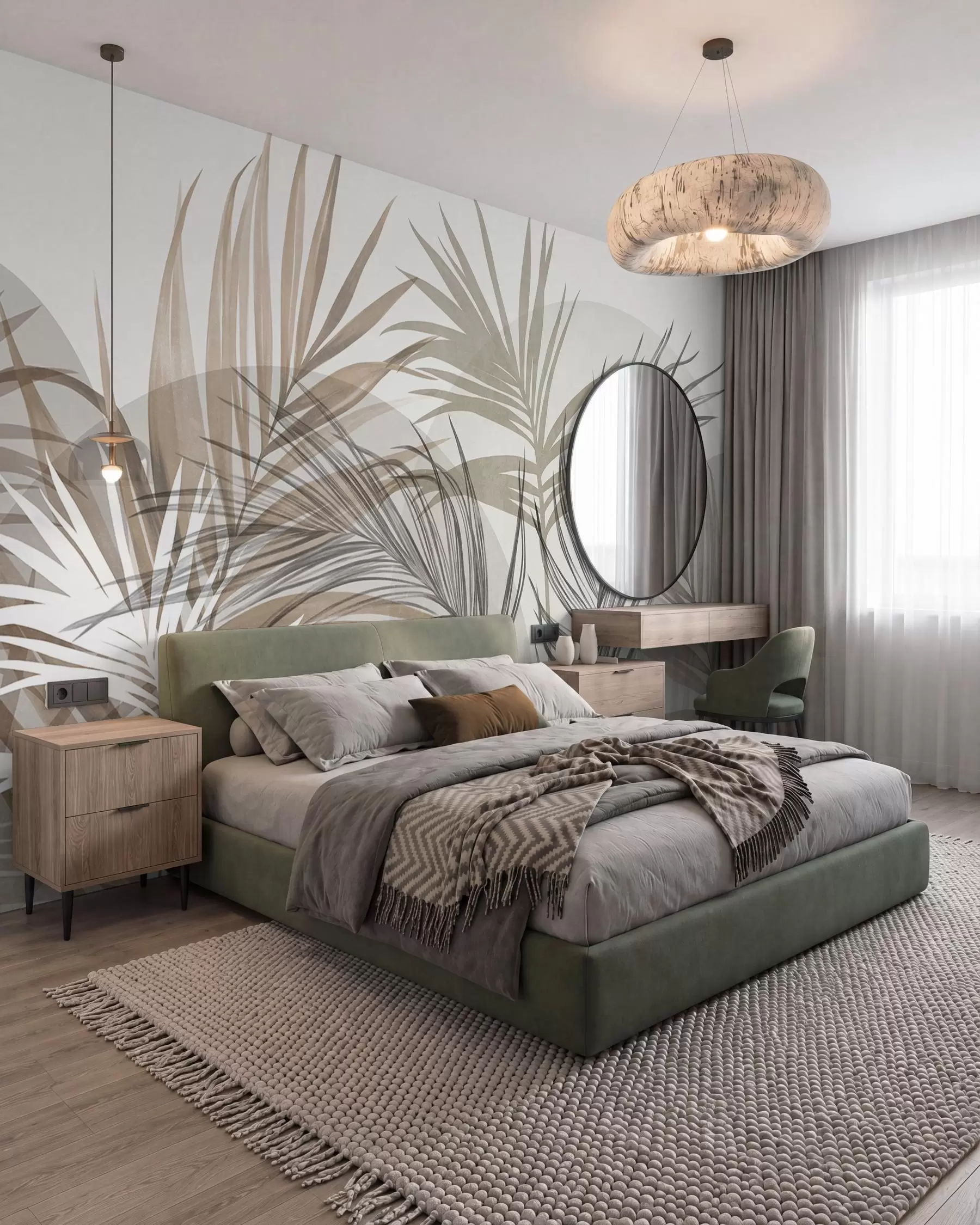 Fototapete Palmblätter in neutralen Beige-, Braun- und Grautönen mit abstrakten Formen w10025