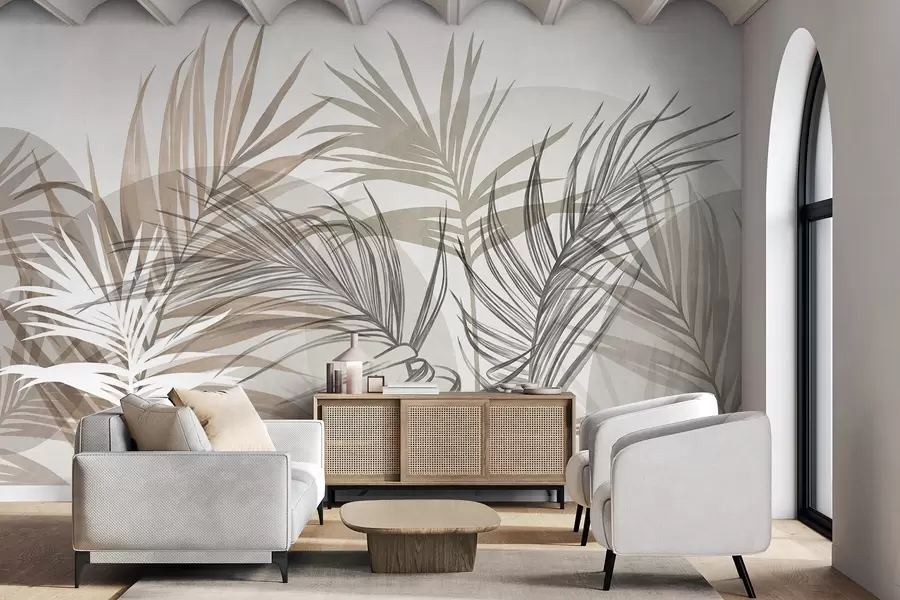 Fototapete Palmblätter in neutralen Beige-, Braun- und Grautönen mit abstrakten Formen w10025