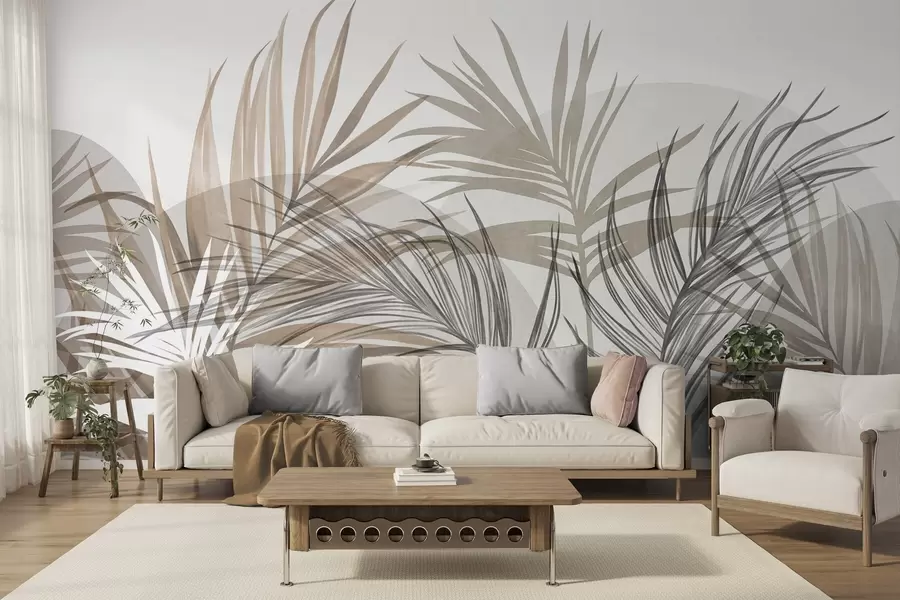 Fototapete Palmblätter in neutralen Beige-, Braun- und Grautönen mit abstrakten Formen w10025