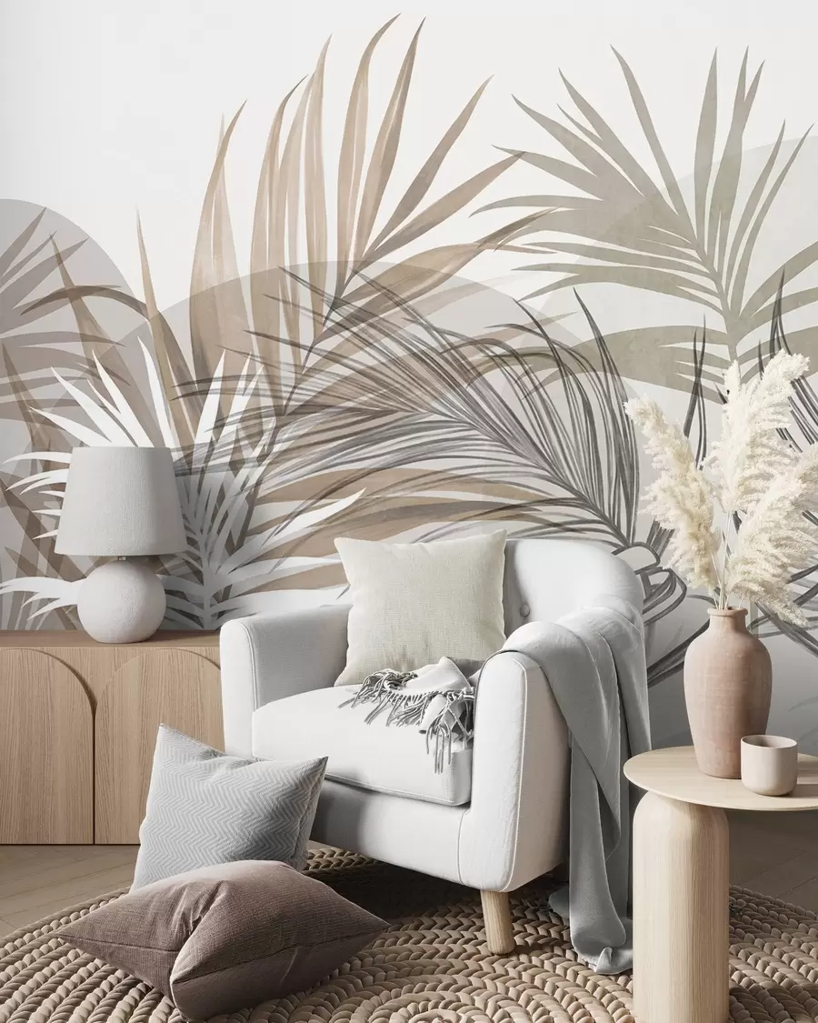 Fototapete Palmblätter in neutralen Beige-, Braun- und Grautönen mit abstrakten Formen w10025