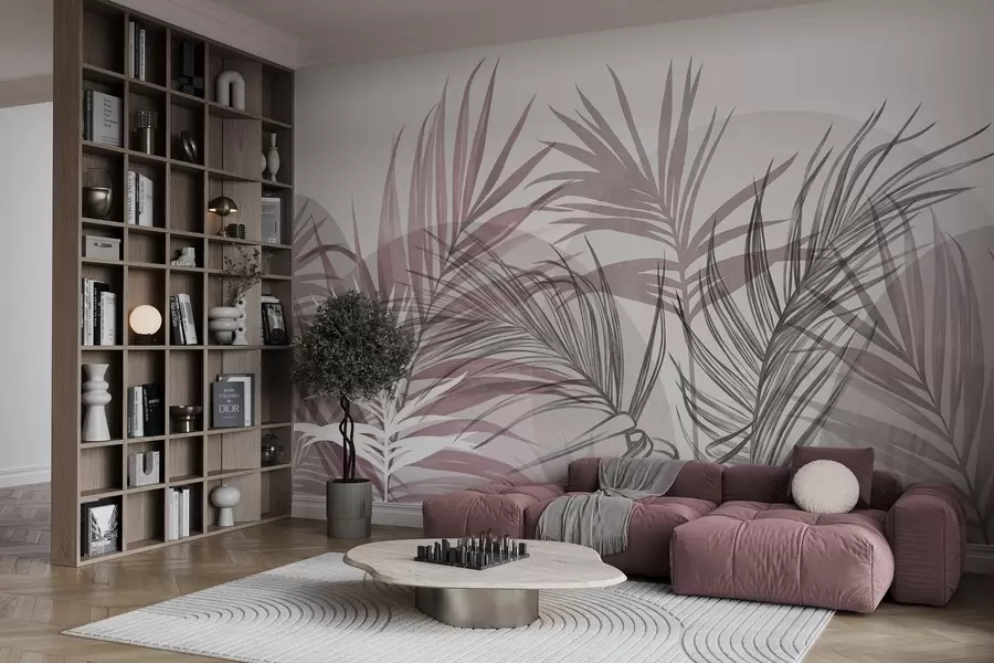Fototapete Palmblätter in neutralen Rosa- und Grautönen mit abstrakten Formen w10025v1
