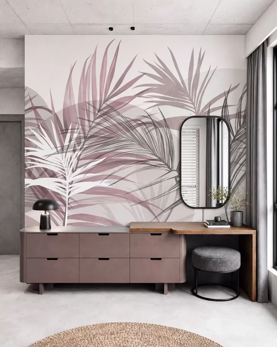 Fototapete Palmblätter in neutralen Rosa- und Grautönen mit abstrakten Formen w10025v1