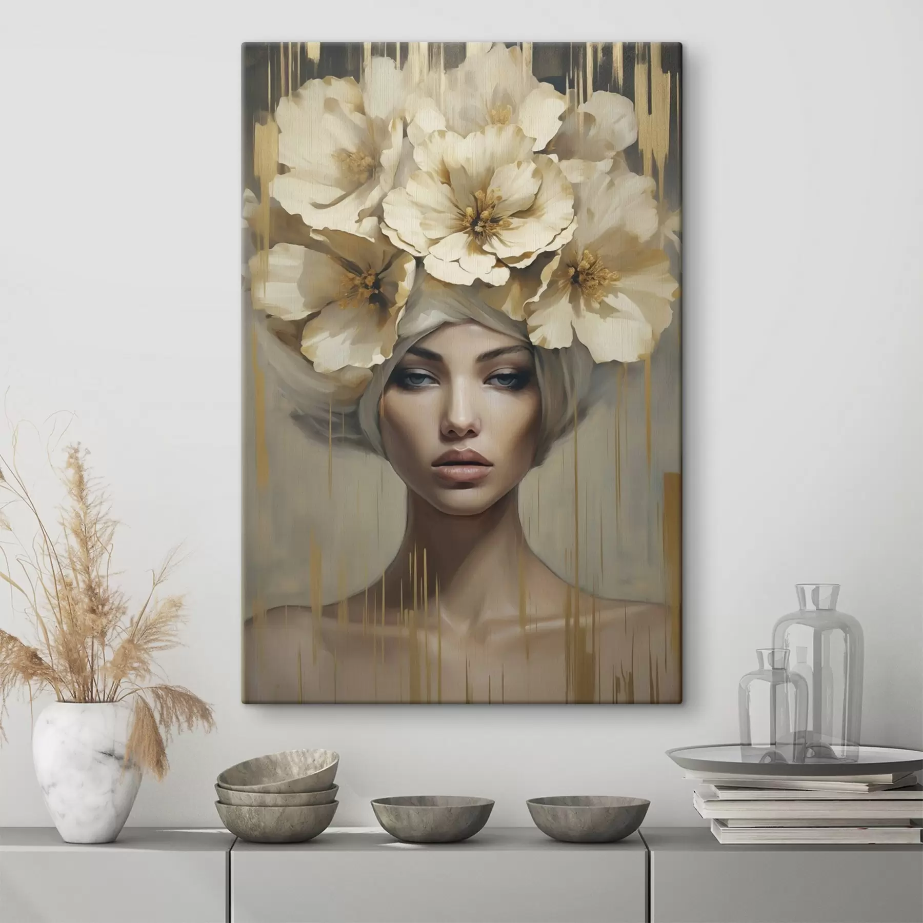 Wandbilder Abstrakte Frau mit Blumen im Haar, Nachahmung eines Gemäldes s50381