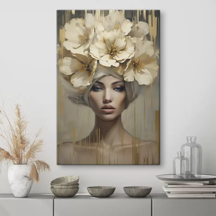 Wandbilder Abstrakte Frau mit Blumen im Haar, Nachahmung eines Gemäldes s50381