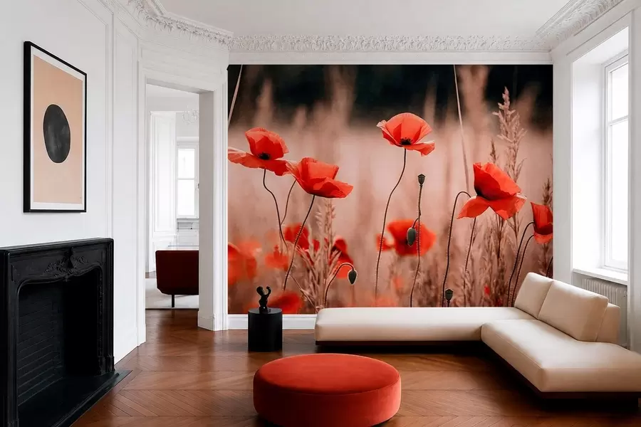 Fototapete Leuchtend rote Mohnblumen zwischen trockenem Gras w05866