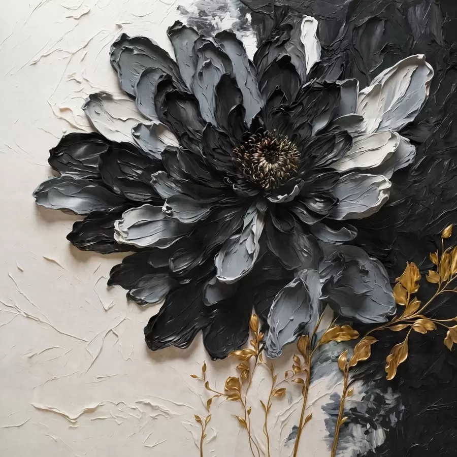 Fototapete Strukturierte schwarze und graue Blume mit dekorativen Zweigen w05883