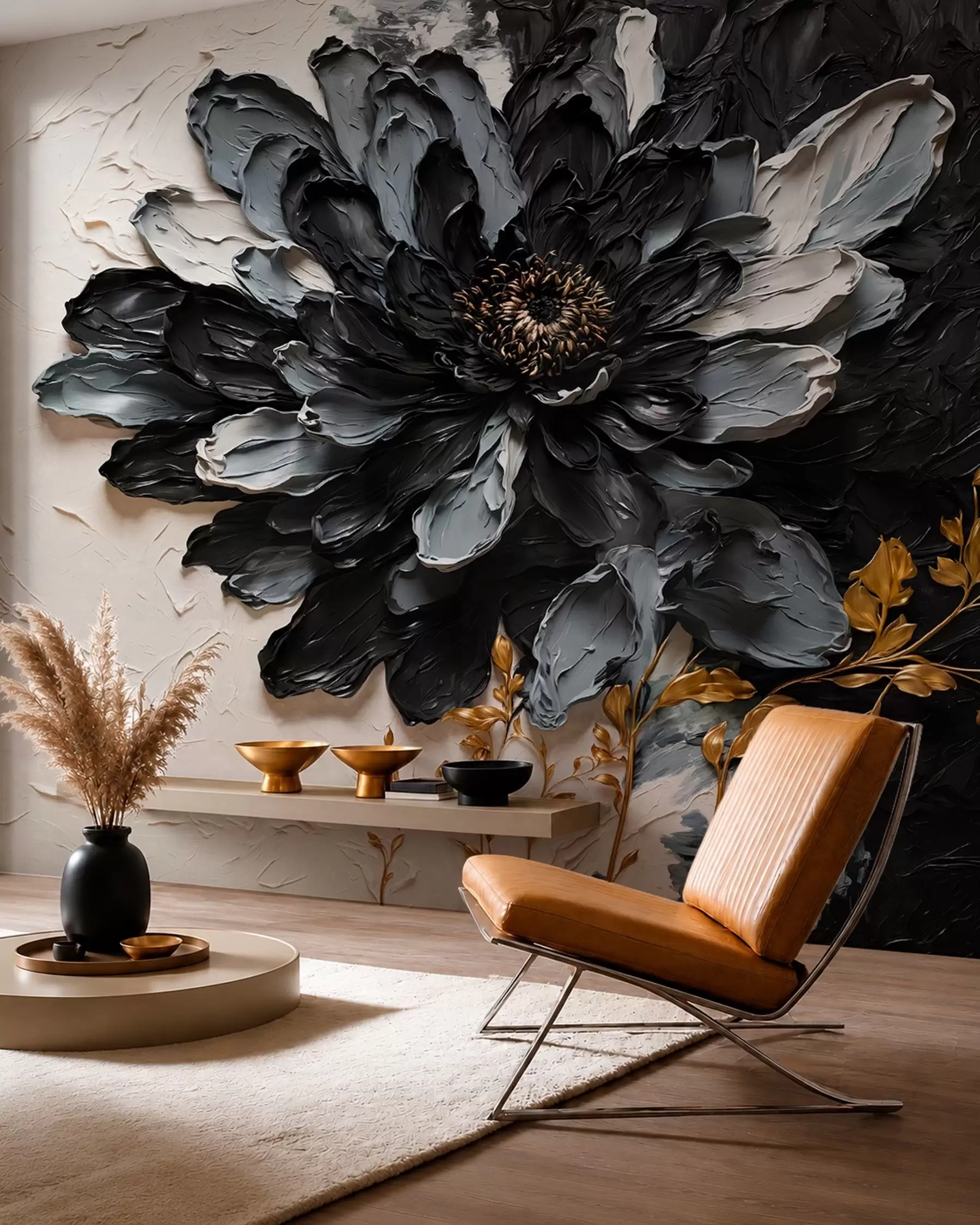 Fototapete Strukturierte schwarze und graue Blume mit dekorativen Zweigen w05883