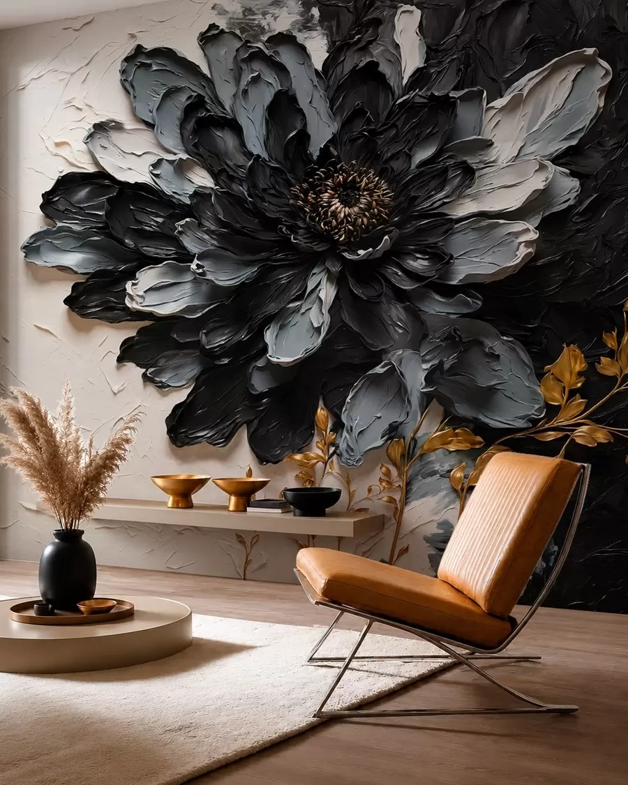 Fototapete Strukturierte schwarze und graue Blume mit dekorativen Zweigen w05883