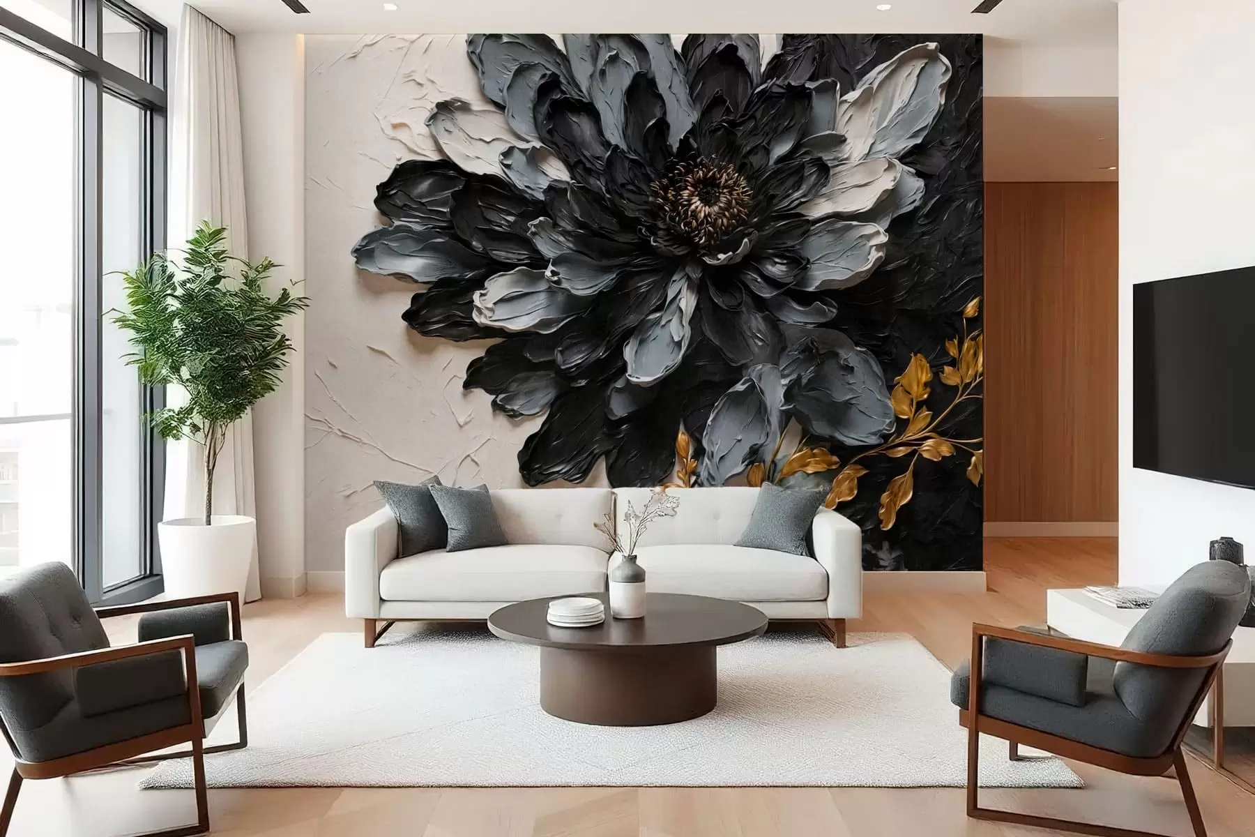 Fototapete Strukturierte schwarze und graue Blume mit dekorativen Zweigen w05883