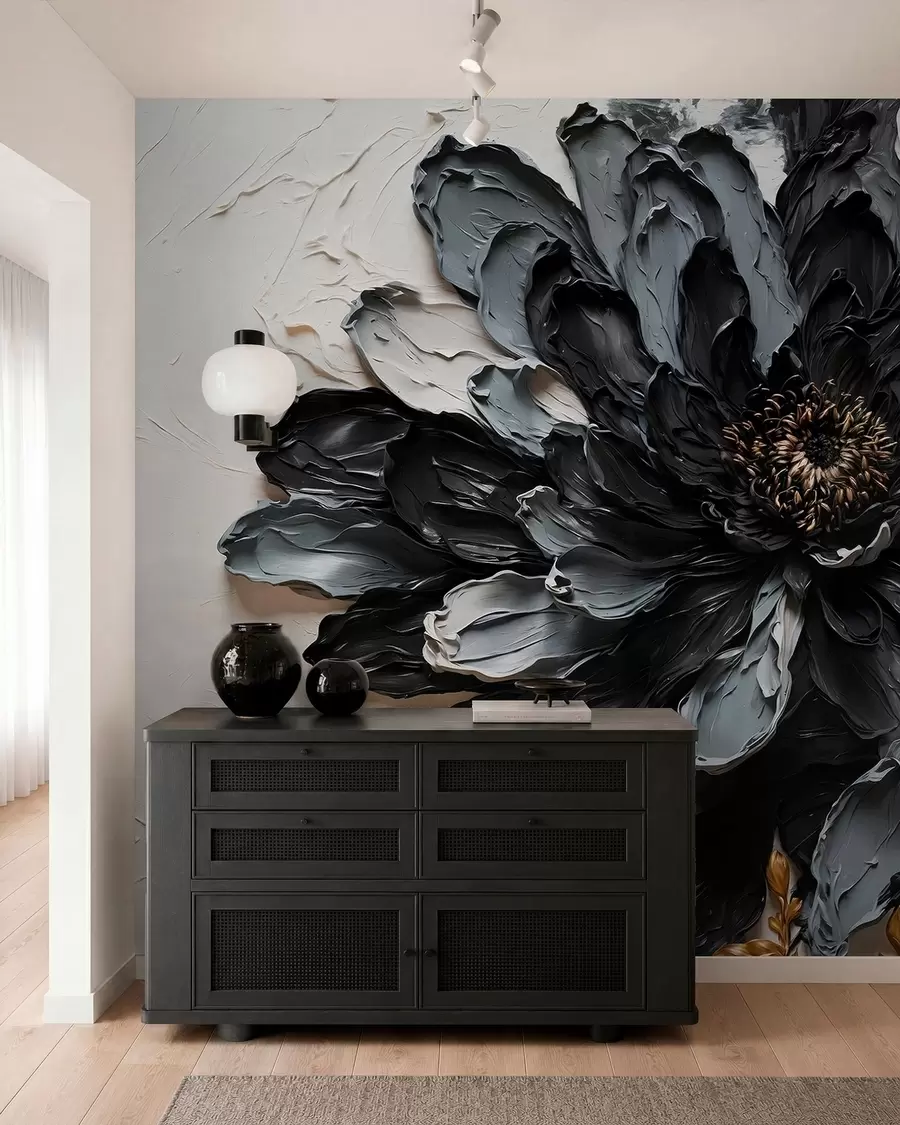 Fototapete Strukturierte schwarze und graue Blume mit dekorativen Zweigen w05883