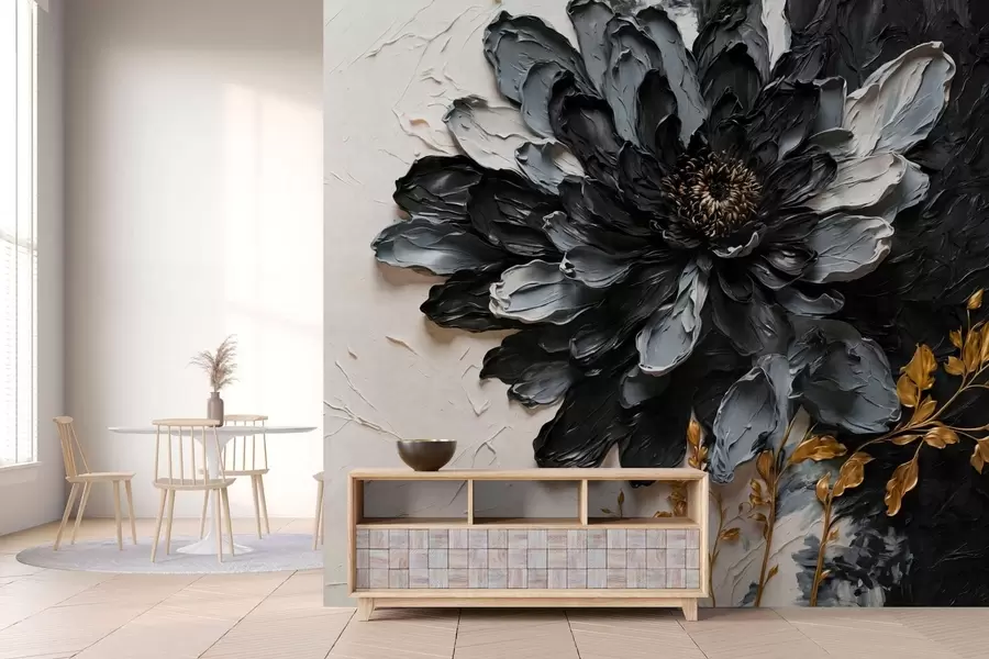 Fototapete Strukturierte schwarze und graue Blume mit dekorativen Zweigen w05883