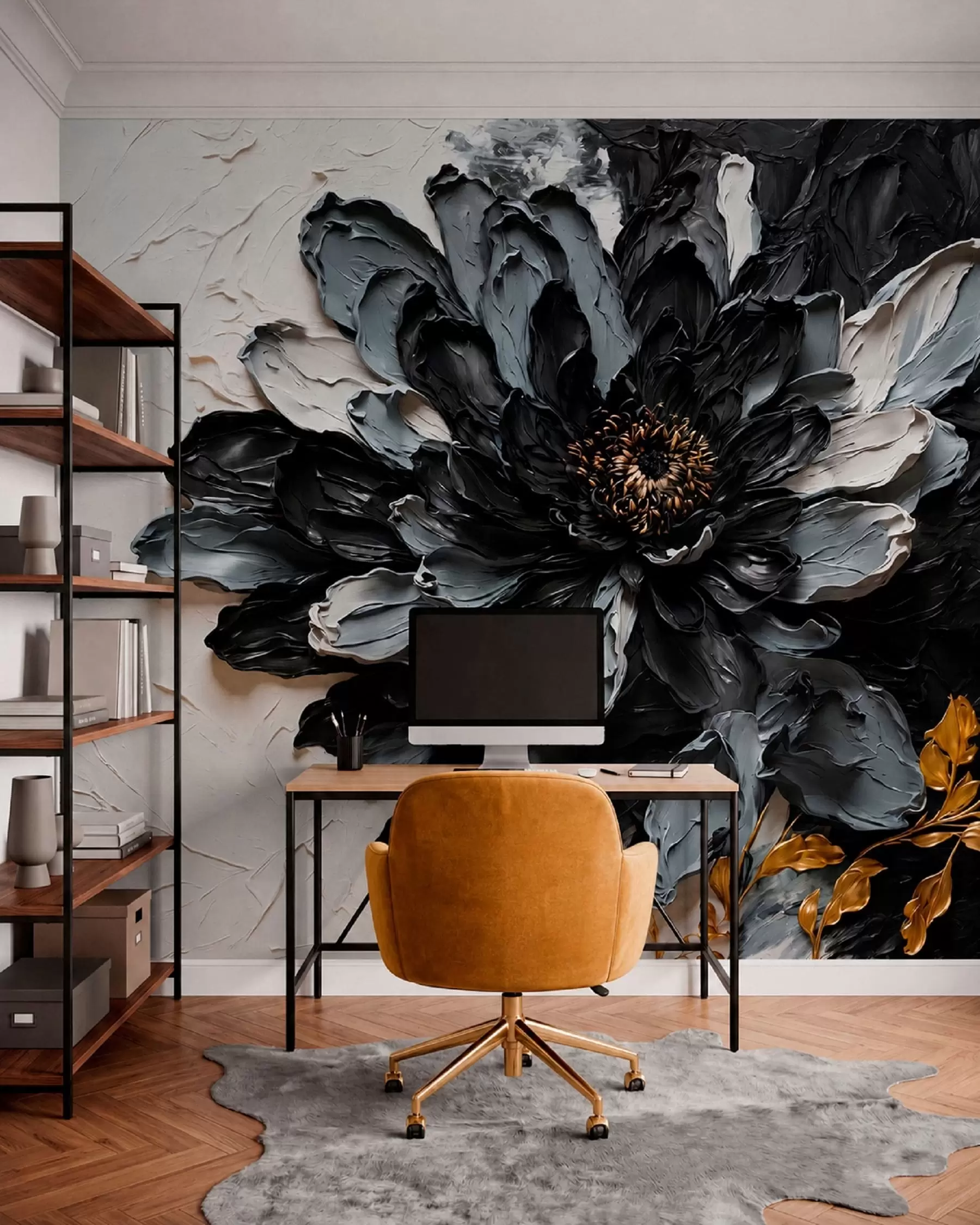 Fototapete Strukturierte schwarze und graue Blume mit dekorativen Zweigen w05883