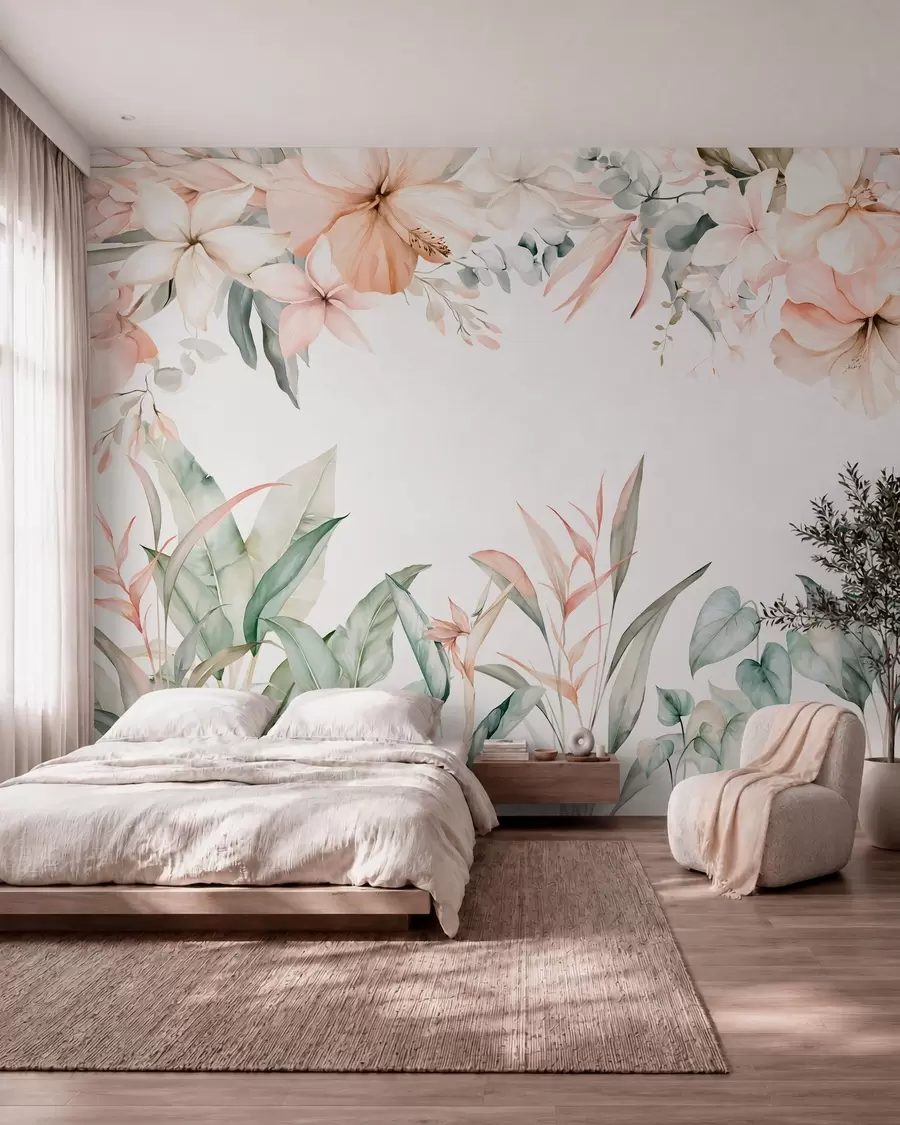 Fototapete Eine tropische Komposition aus Blumen und Pflanzen im Aquarellstil, in zarten Farbtönen w05870