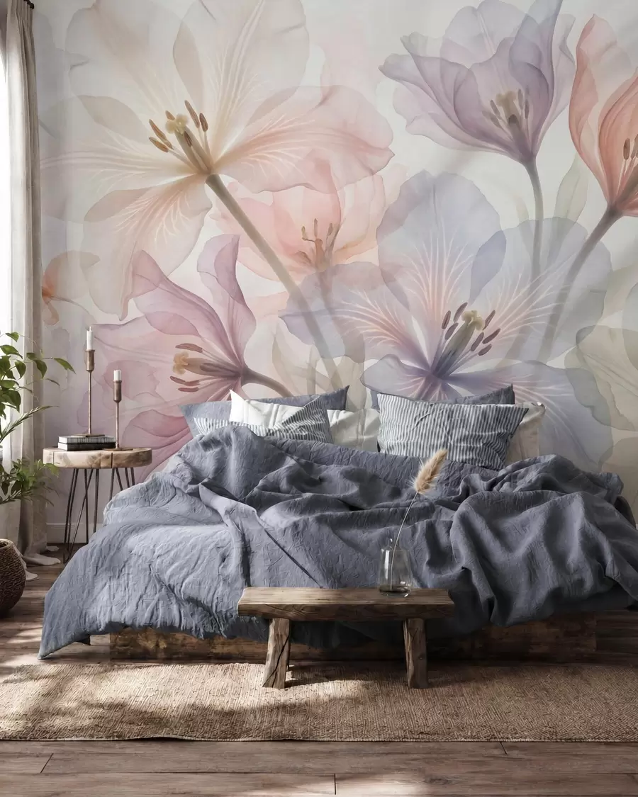 Fototapete Zarte, transparente Blumen in Pastelltönen im Aquarellstil w09999