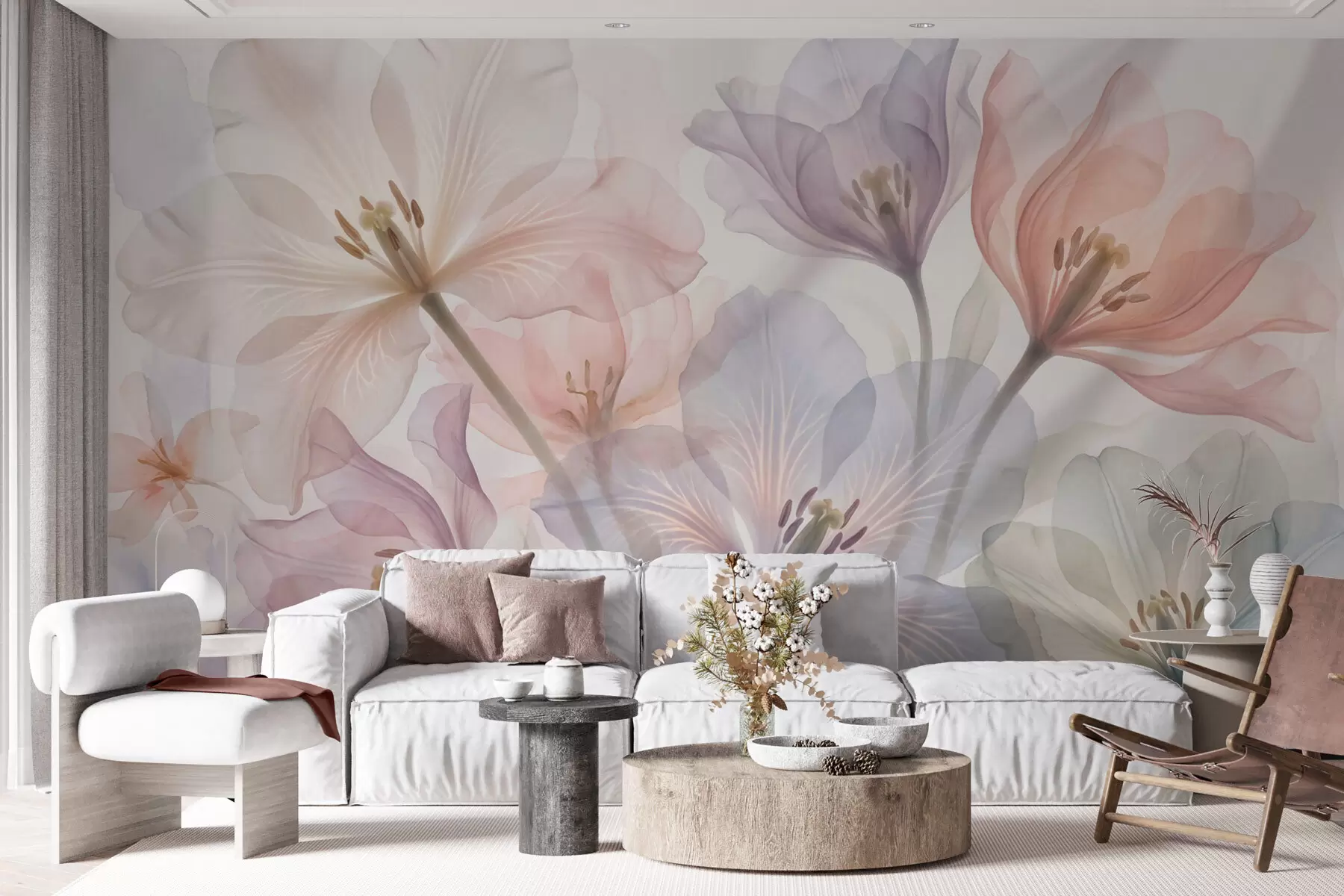 Fototapete Zarte, transparente Blumen in Pastelltönen im Aquarellstil w09999