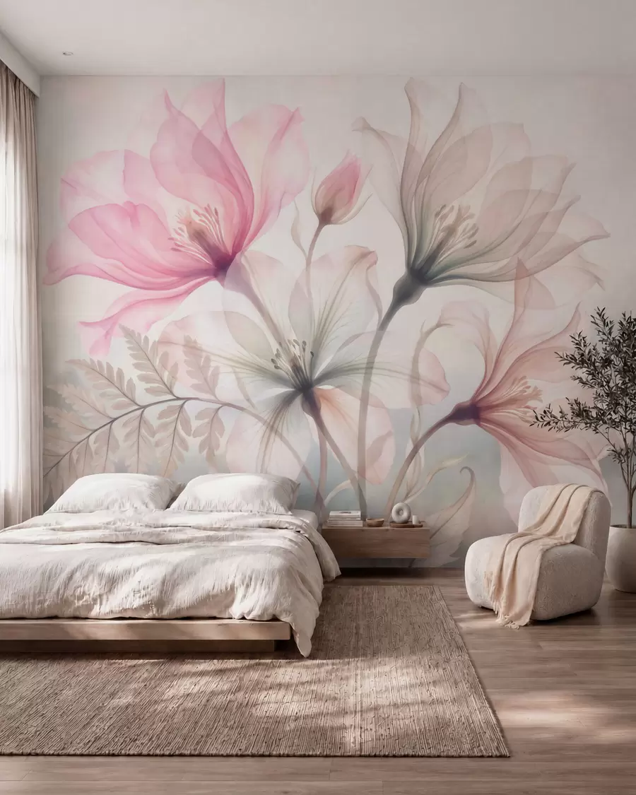 Fototapete Zarte Blumen in pastellrosa und pastellblauen Farbtönen im Aquarellstil w10009