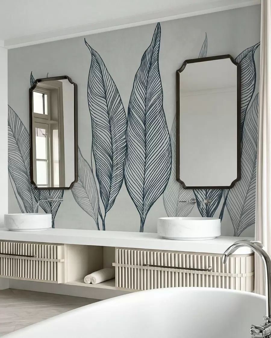 Fototapete Stilisierte blaue Blätter mit filigranen Linien auf grauem Hintergrund, strukturiertes Kunstwerk w10030v3