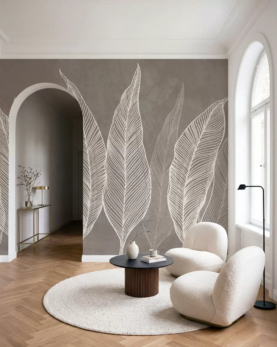 Fototapete Stilisierte weiße Blätter mit filigranen Liniendetails auf braunem Hintergrund, strukturiertes Kunstwerk w10030v4