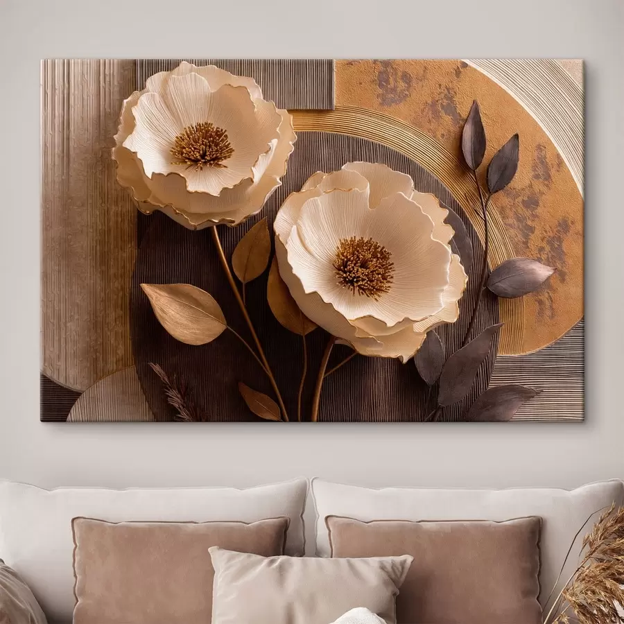 Wandbilder Große, helle Blüten mit dunklen Blättern und Kreisen s50430