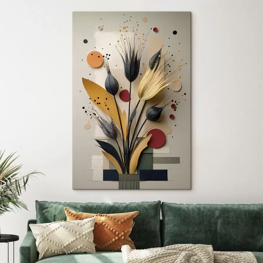 Wandbilder Abstrakte Blumen mit dunklen Stielen und Kreisen s50437