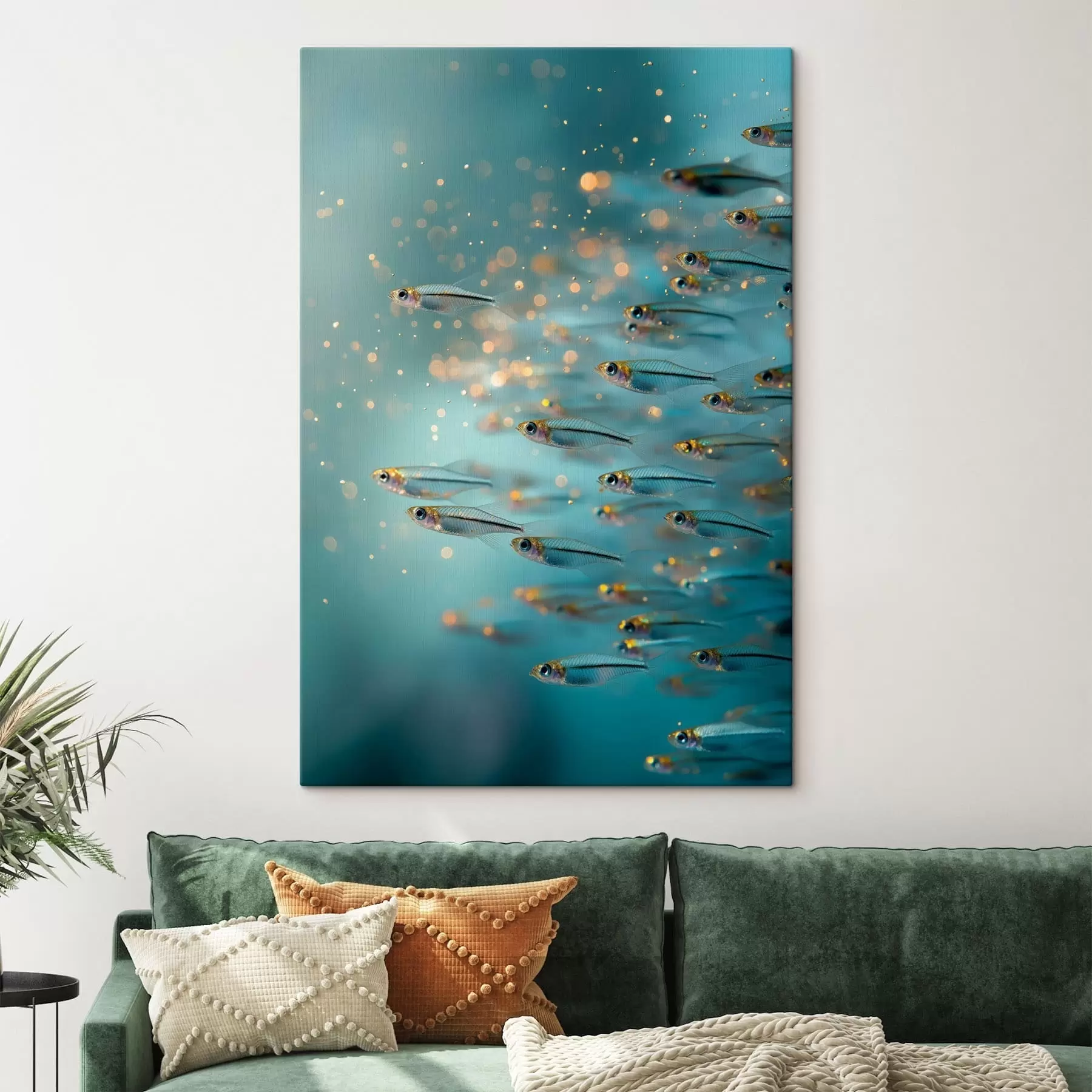 Wandbilder Schwarm kleiner Fische in blauem Wasser mit Spiegelungen s50443