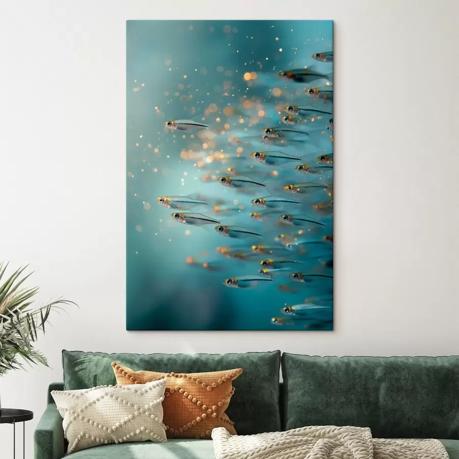 Wandbilder Schwarm kleiner Fische in blauem Wasser mit Spiegelungen s50443