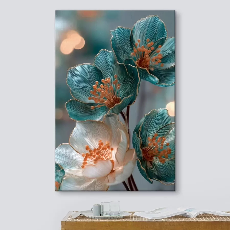 Wandbilder Türkisfarbene und weiße Blüten mit orangefarbenen Staubblättern s50448