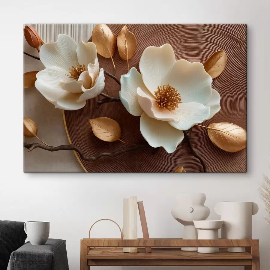 Wandbilder Weiße Blüten mit plastischem Effekt und bronzefarbenen Blättern s50453