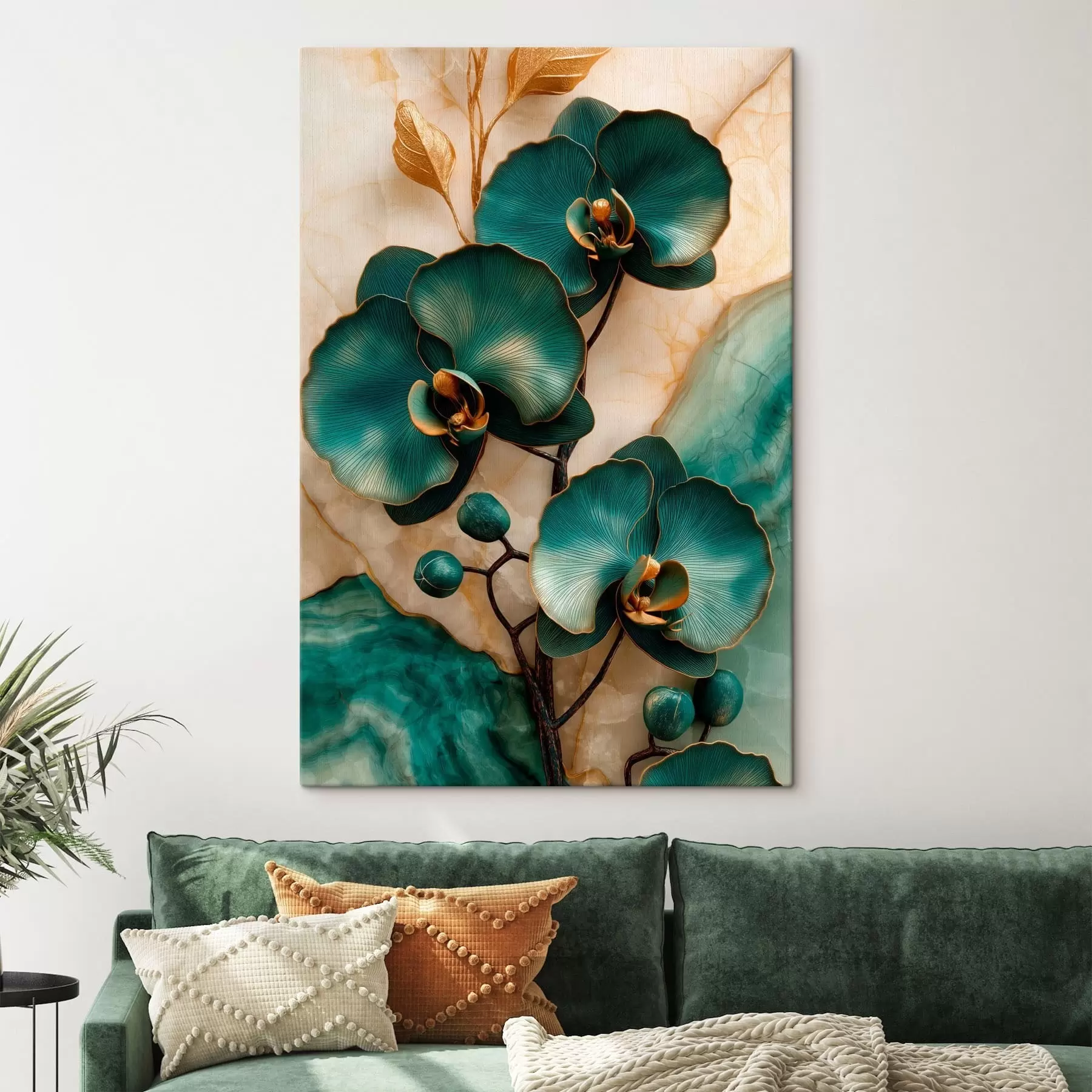 Wandbilder Türkisfarbene Orchideen auf hellem Hintergrund mit steinähnlichem optischen Effekt s50456