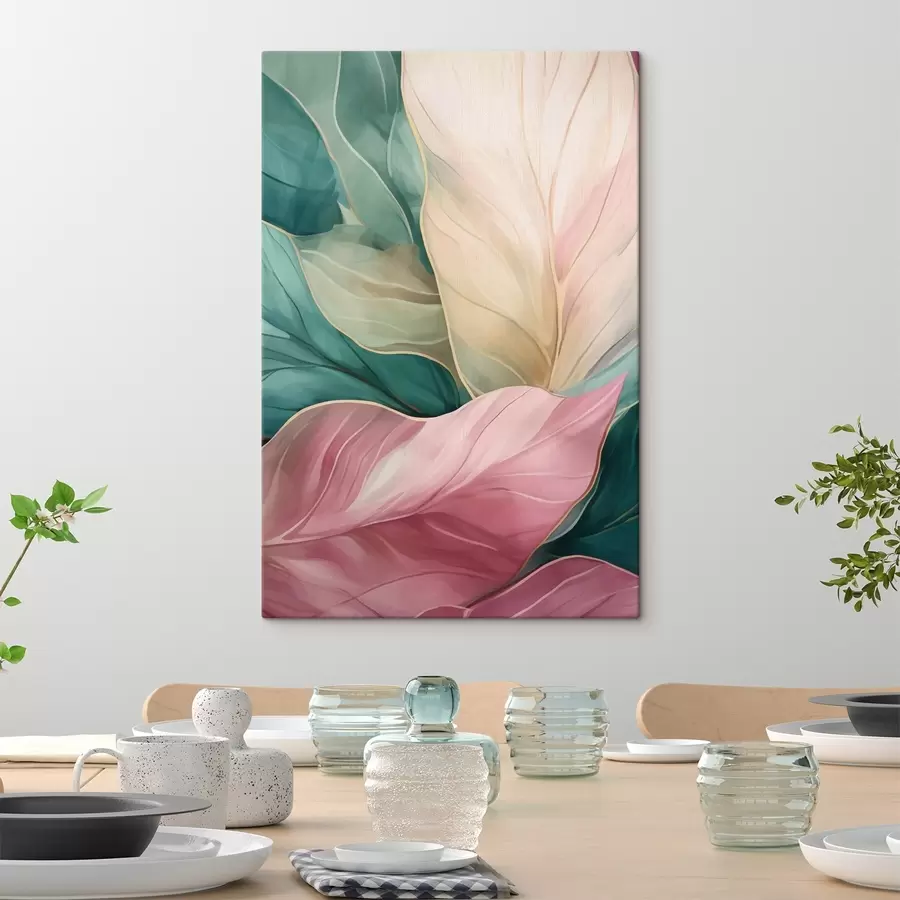 Wandbilder Smaragdgrüne und rosa tropische Blätter s50385
