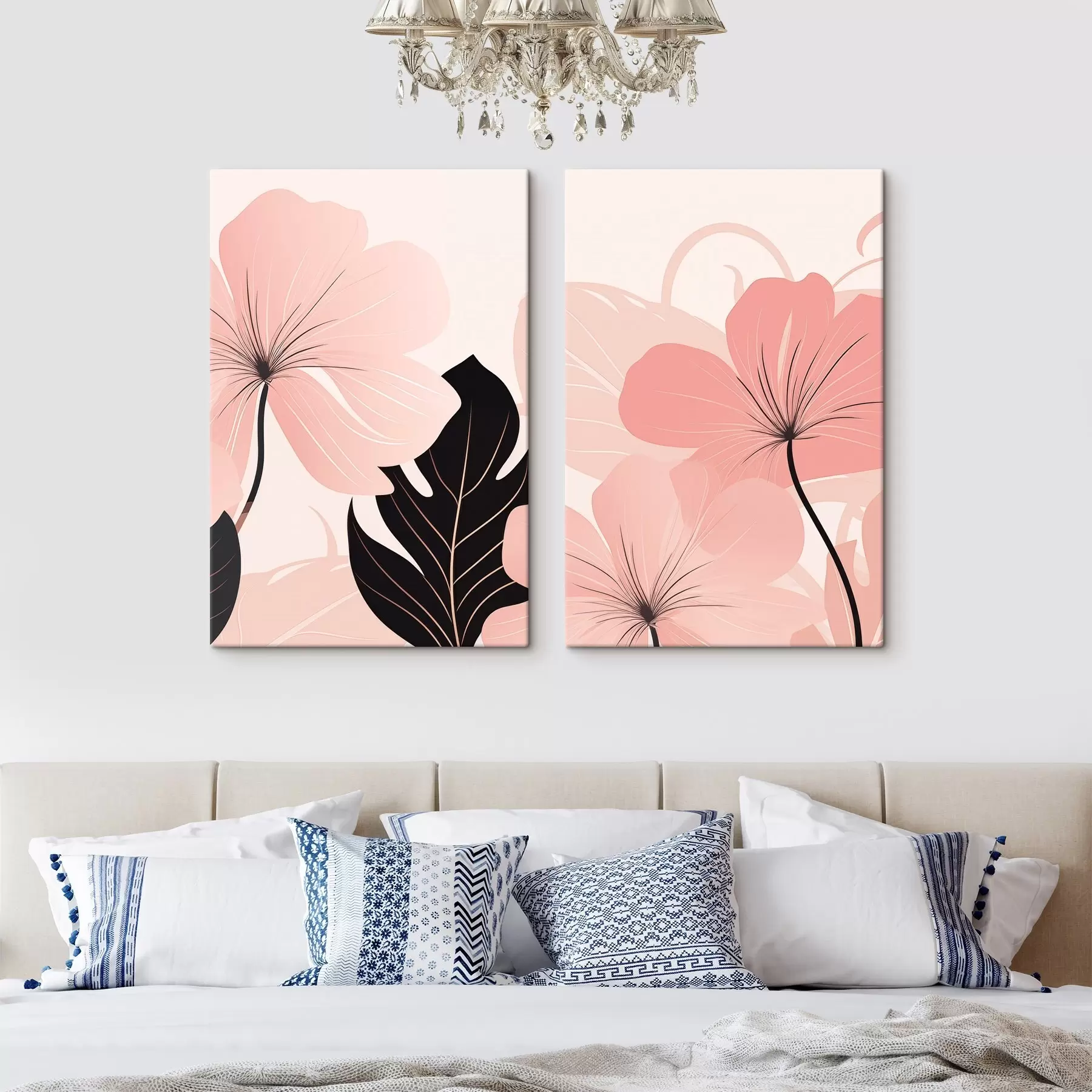 Wandbilder Rosa Blumen und grafisch gestaltete Blätter m30902