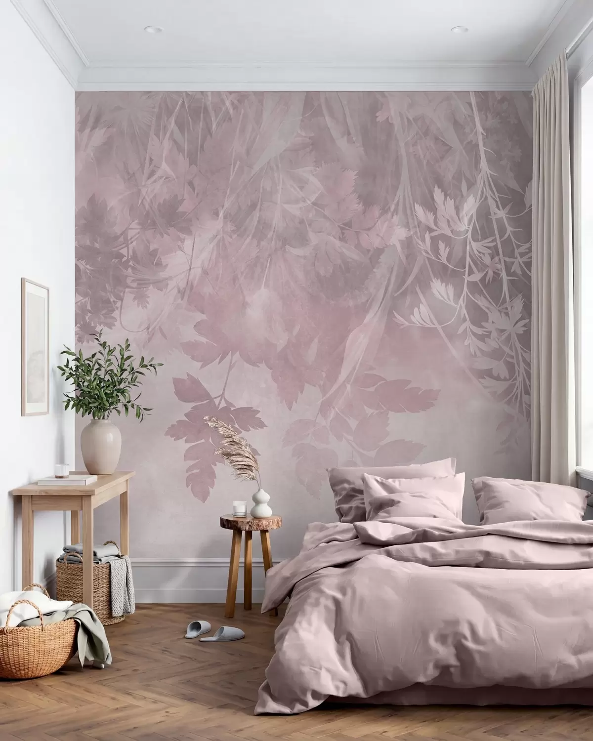 Fototapete Strukturierte Blätter und Zweige vor einem sanften, gedämpften rosa Hintergrund w10020v1