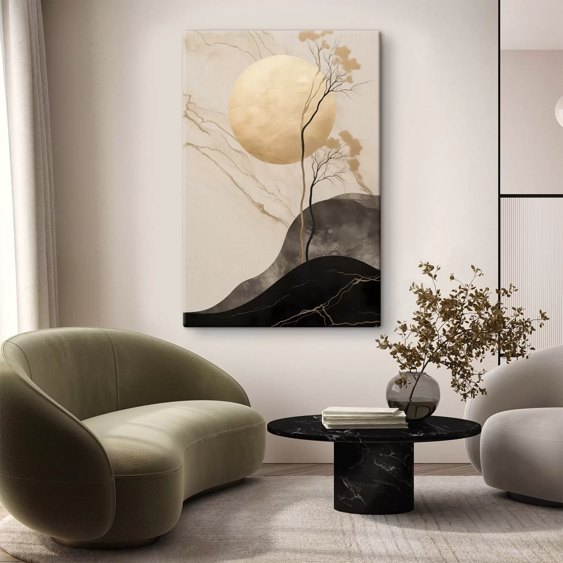 Wandbilder Minimalistische abstrakte Kunst, Bäume und fließende Texturen in Beige- und Schwarztönen s50612