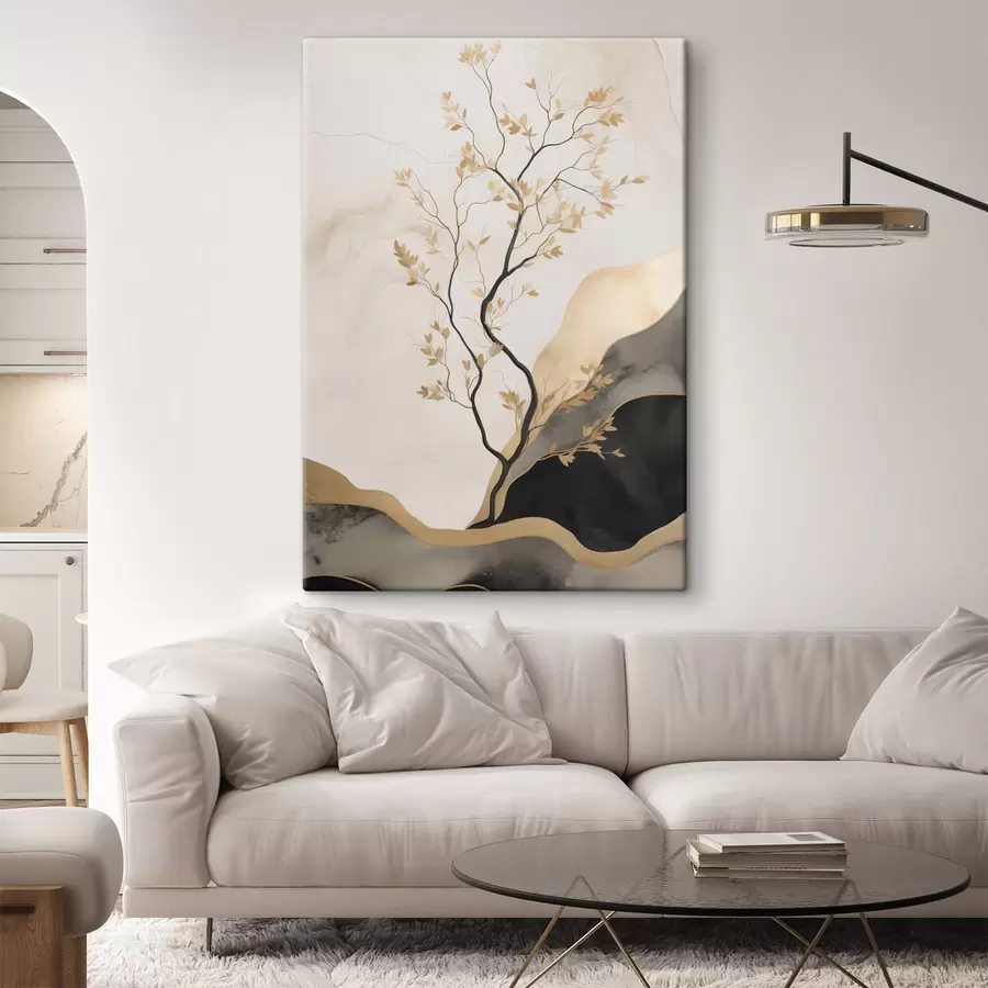 Wandbilder Minimalistische abstrakte Kunst, Bäume und fließende Texturen in Beige- und Schwarztönen s50613