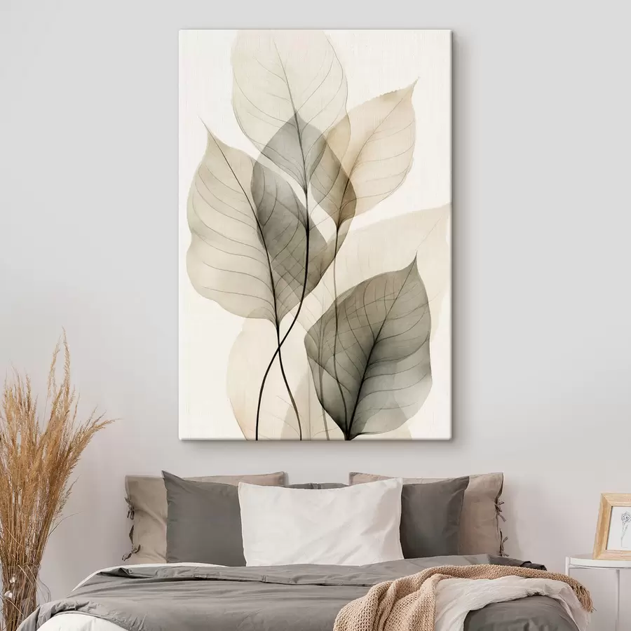 Wandbilder Strukturierte, transparente Blätter in Beige- und Grautönen, heller Hintergrund s50624