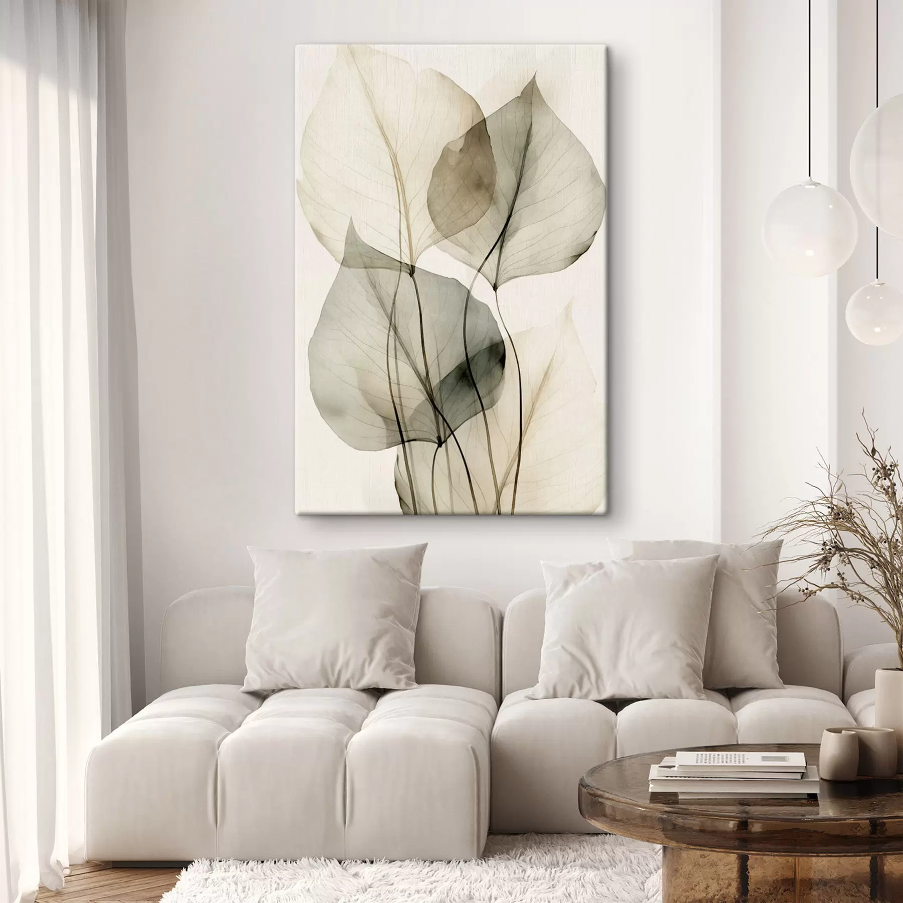 Wandbilder Strukturierte, transparente Blätter in Beige- und Grautönen, heller Hintergrund s50625