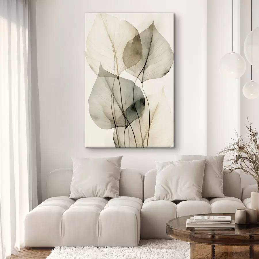 Wandbilder Strukturierte, transparente Blätter in Beige- und Grautönen, heller Hintergrund s50625