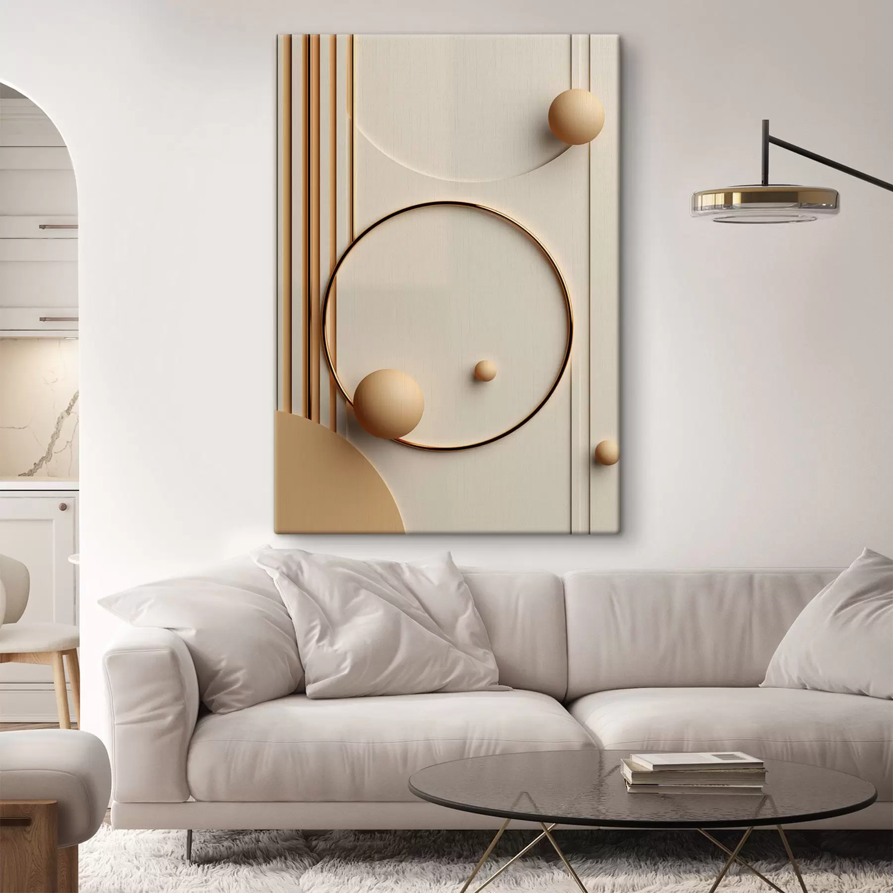 Wandbilder Abstrakte moderne Kunst mit Kugeln und vertikalen Linien, minimalistische Komposition s50636