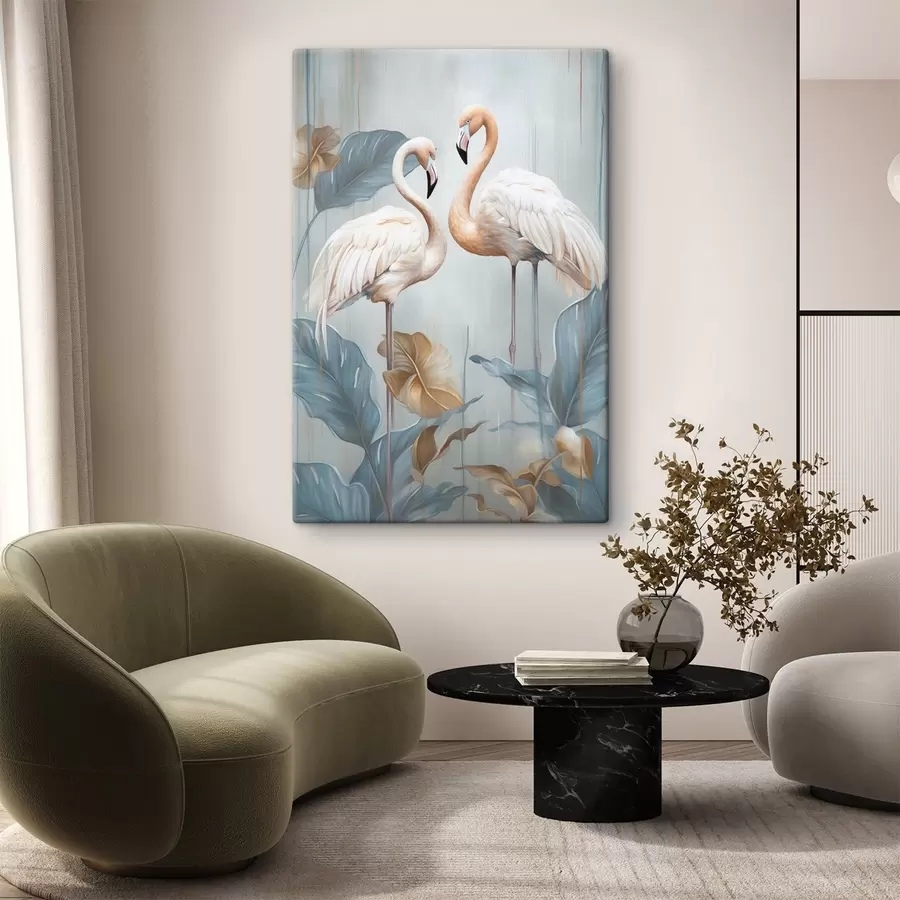 Wandbilder Flamingos mit tropischen Blättern, Pastellfarben s50638