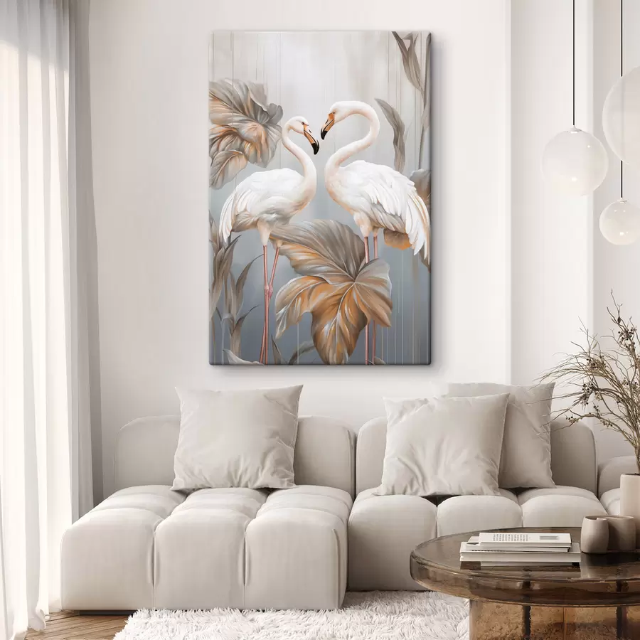 Wandbilder Flamingos mit tropischen Blättern, Pastellfarben s50639