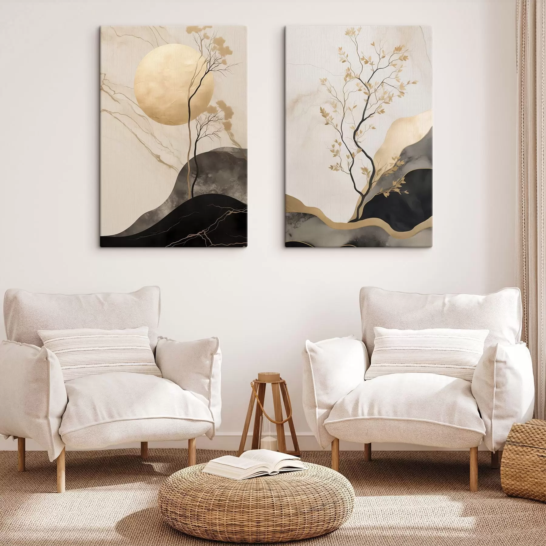 Wandbilder Minimalistische abstrakte Kunst, Bäume und fließende Texturen in Beige- und Schwarztönen m30955