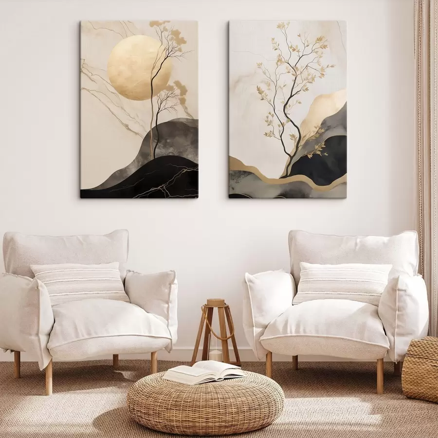 Wandbilder Minimalistische abstrakte Kunst, Bäume und fließende Texturen in Beige- und Schwarztönen m30955