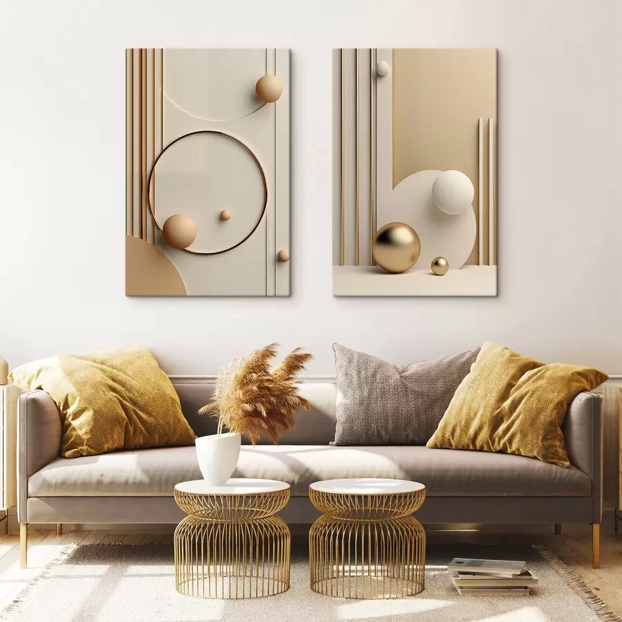 Wandbilder Abstrakte moderne Kunst mit Kugeln und vertikalen Linien, minimalistische Komposition m30967