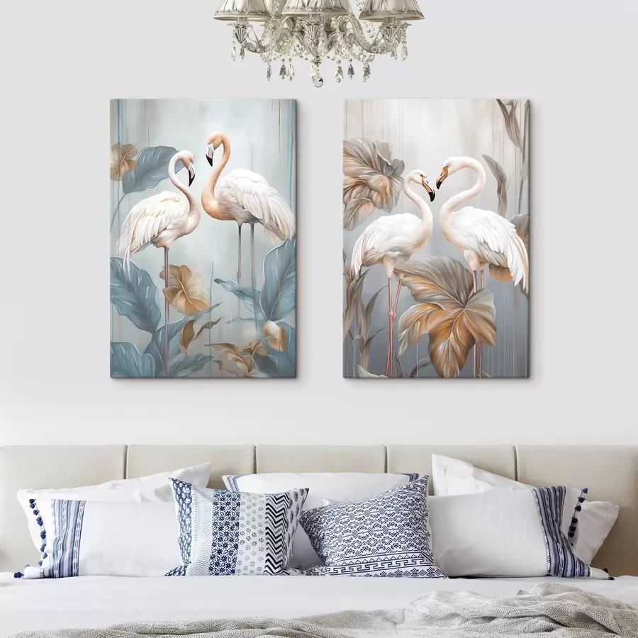 Wandbilder Flamingos mit tropischen Blättern, Pastellfarben m30968