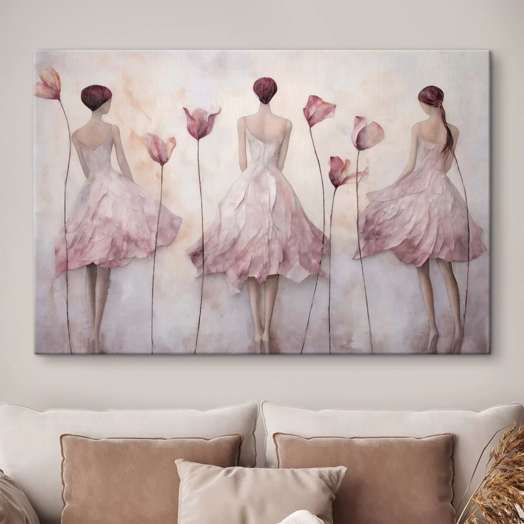 Wandbilder Drei weibliche Figuren in rosa Kleidern inmitten von Blumen s50582