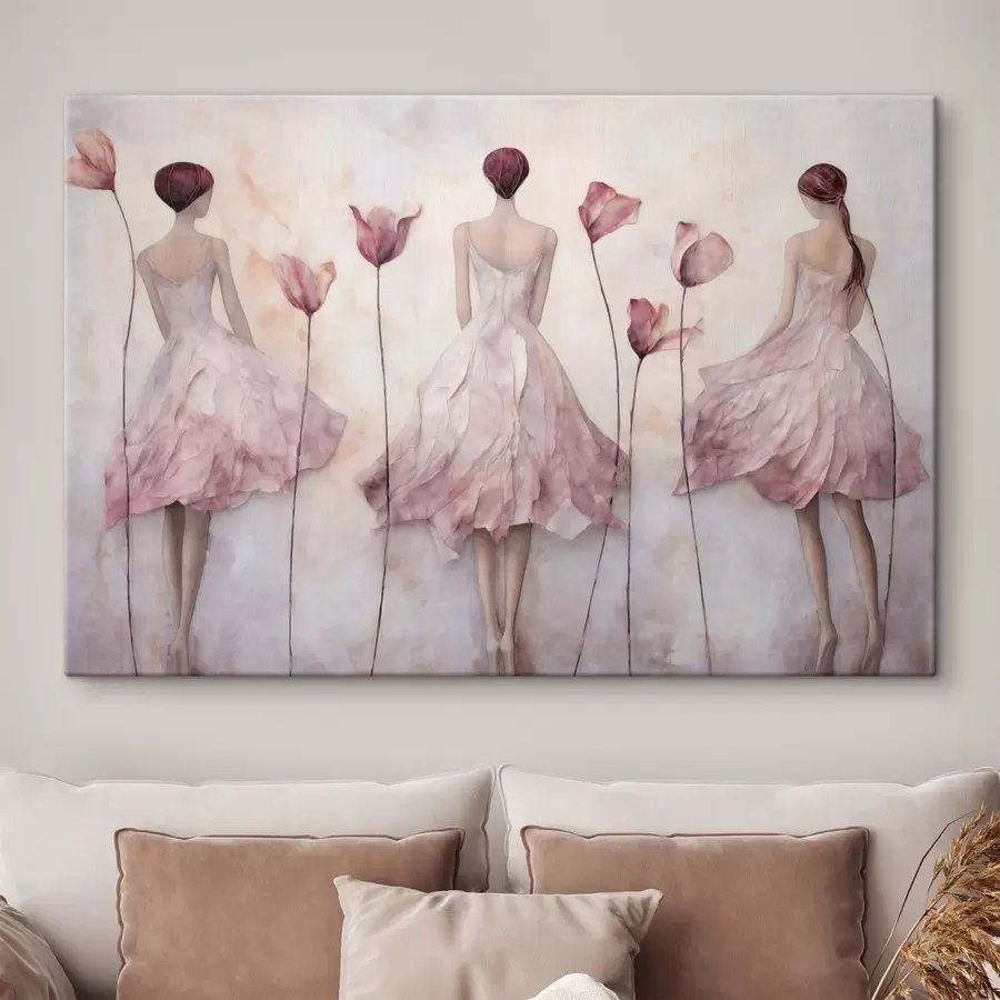 Wandbilder Drei weibliche Figuren in rosa Kleidern inmitten von Blumen s50582