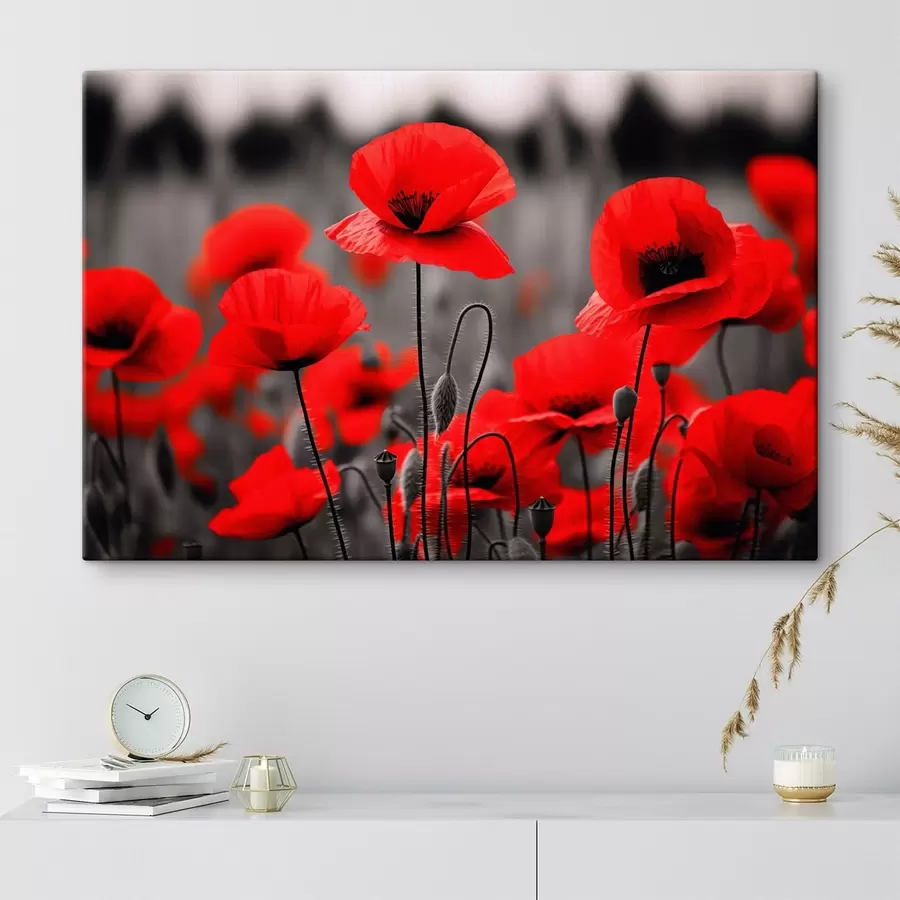 Wandbilder Leuchtend rote Mohnblumen vor einem einfarbigen Hintergrund s50584